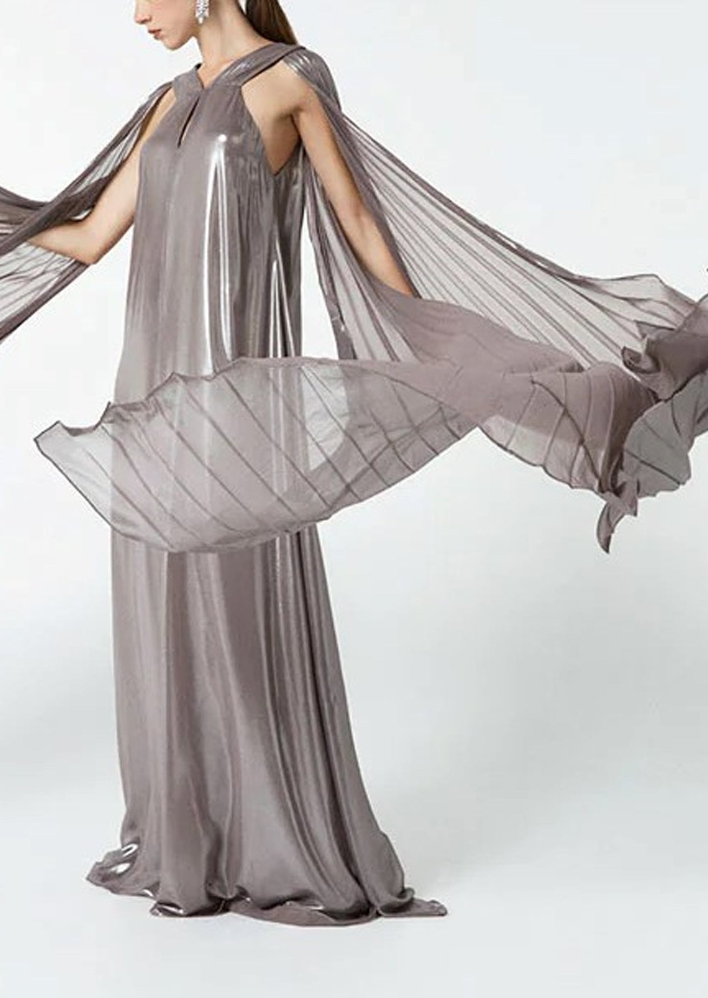 Noor Elegance Metallic Pleated V-Neck Maxi Dress