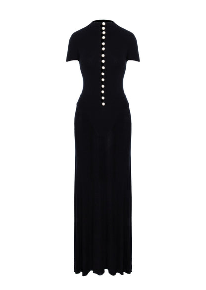 Short Sleeved Sheer Button Maxi Dress In Black