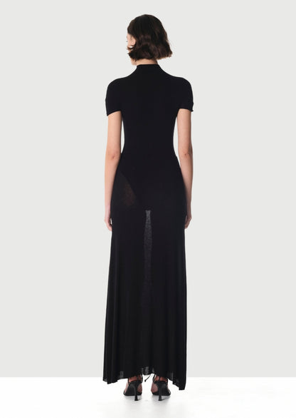 Short Sleeved Sheer Button Maxi Dress In Black