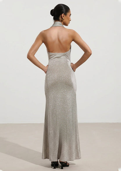 Lurex Knit Halter Maxi Dress In Silver