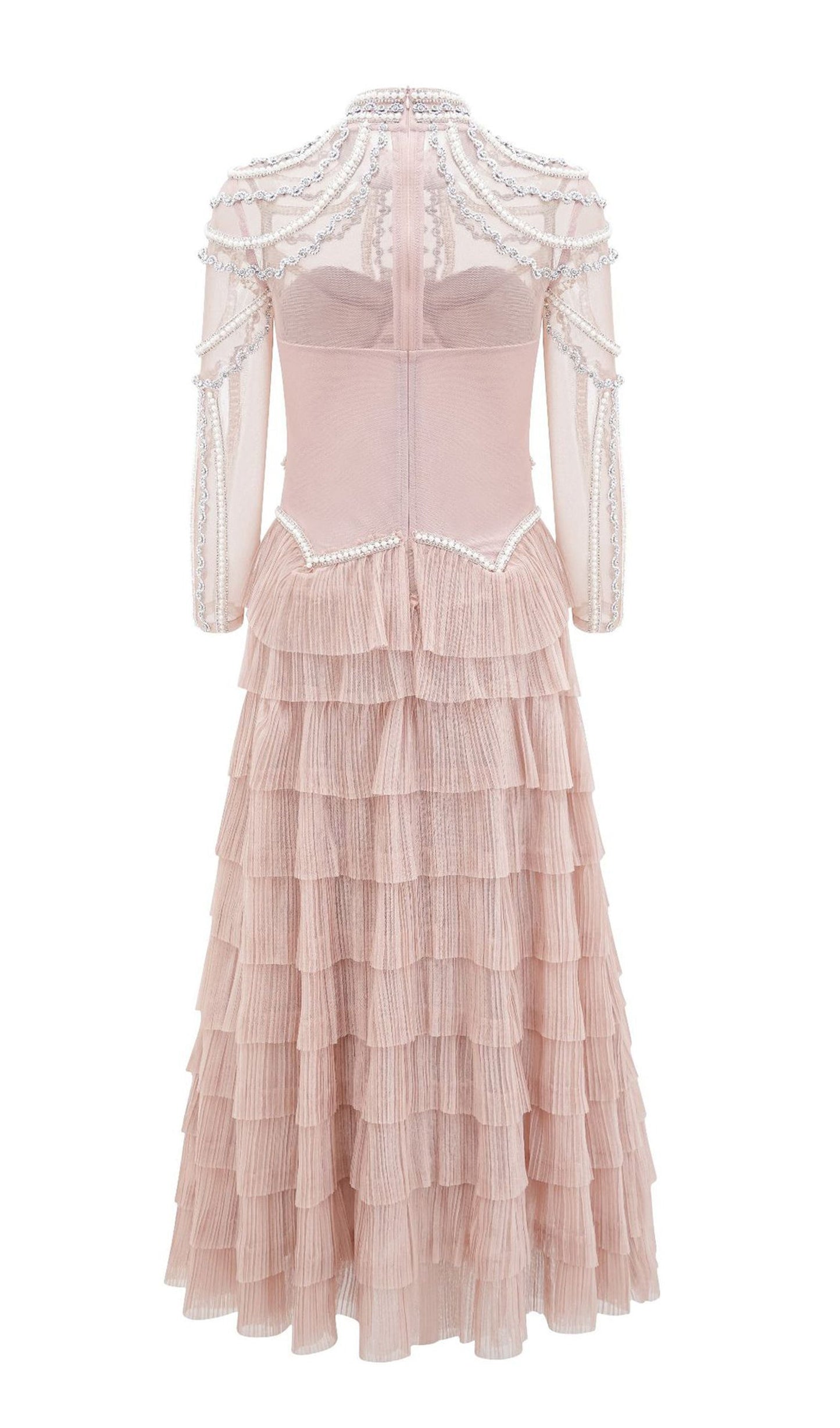 Long Sleeve Beads Pearls Mesh Maxi Layered Dress