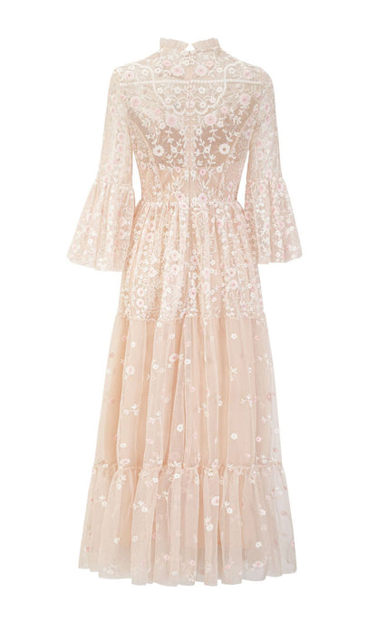 Embroidered Flower Sequins Mesh Maxi Dress