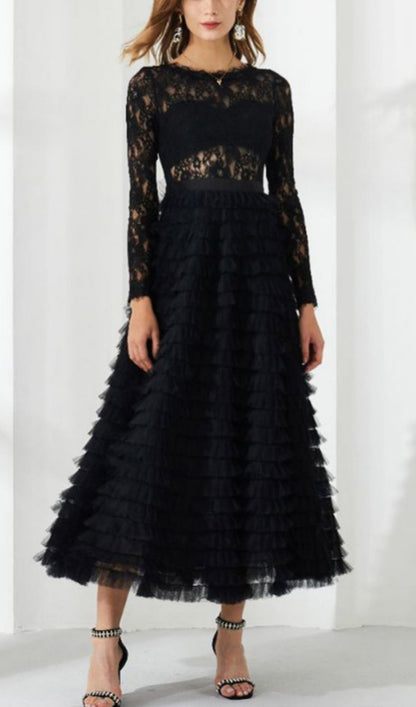 Long Sleeve Lace Mesh Midi Layered Dress
