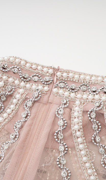 Long Sleeve Beads Pearls Mesh Maxi Layered Dress