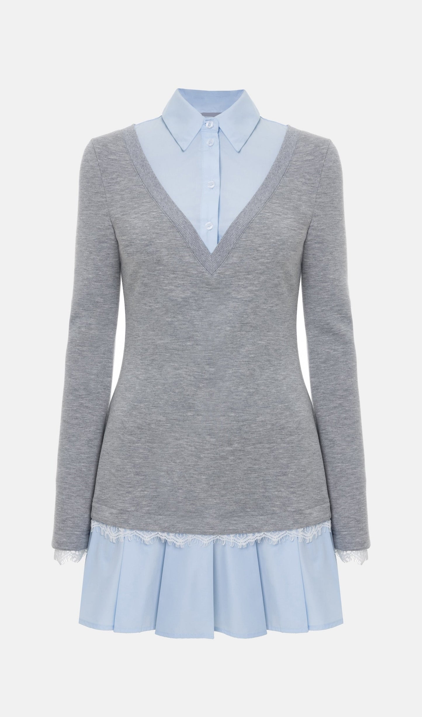 Shirt With Imitation Lace Decor Mini Dress In Grey
