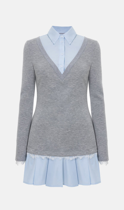 Shirt With Imitation Lace Decor Mini Dress In Grey