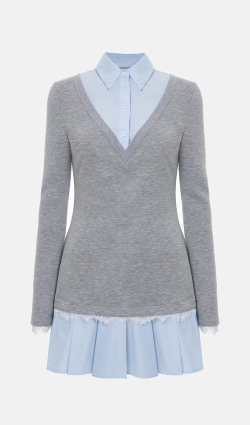 Shirt With Imitation Lace Decor Mini Dress In Grey