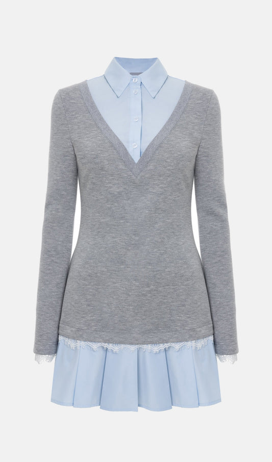 Shirt With Imitation Lace Decor Mini Dress In Grey