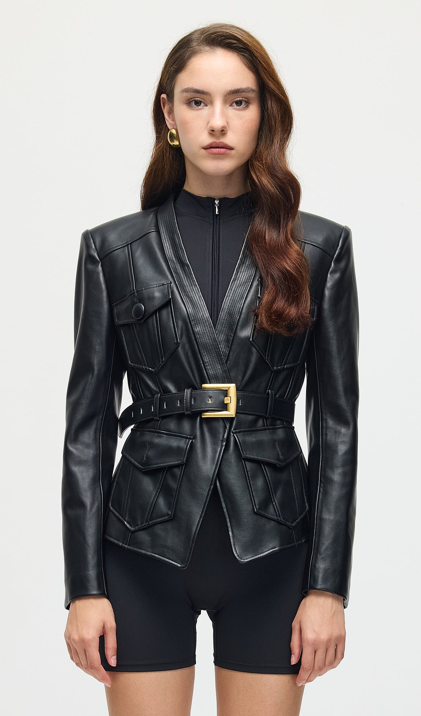 Button Belted Leather Jacket In Black