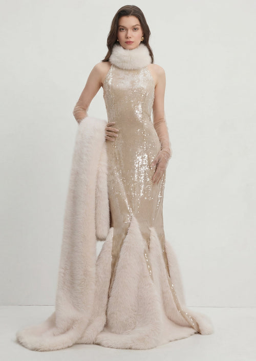 Sequin Maxi Dress With Fur