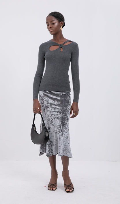 Trendy High Waist Velvet Midi Skirt-Silver