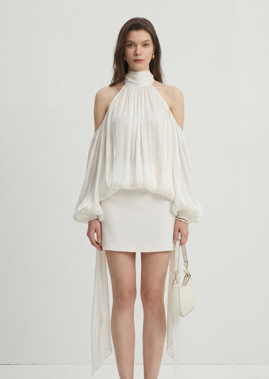 Puff Sleeves Pleated Shirt & Skirt Set