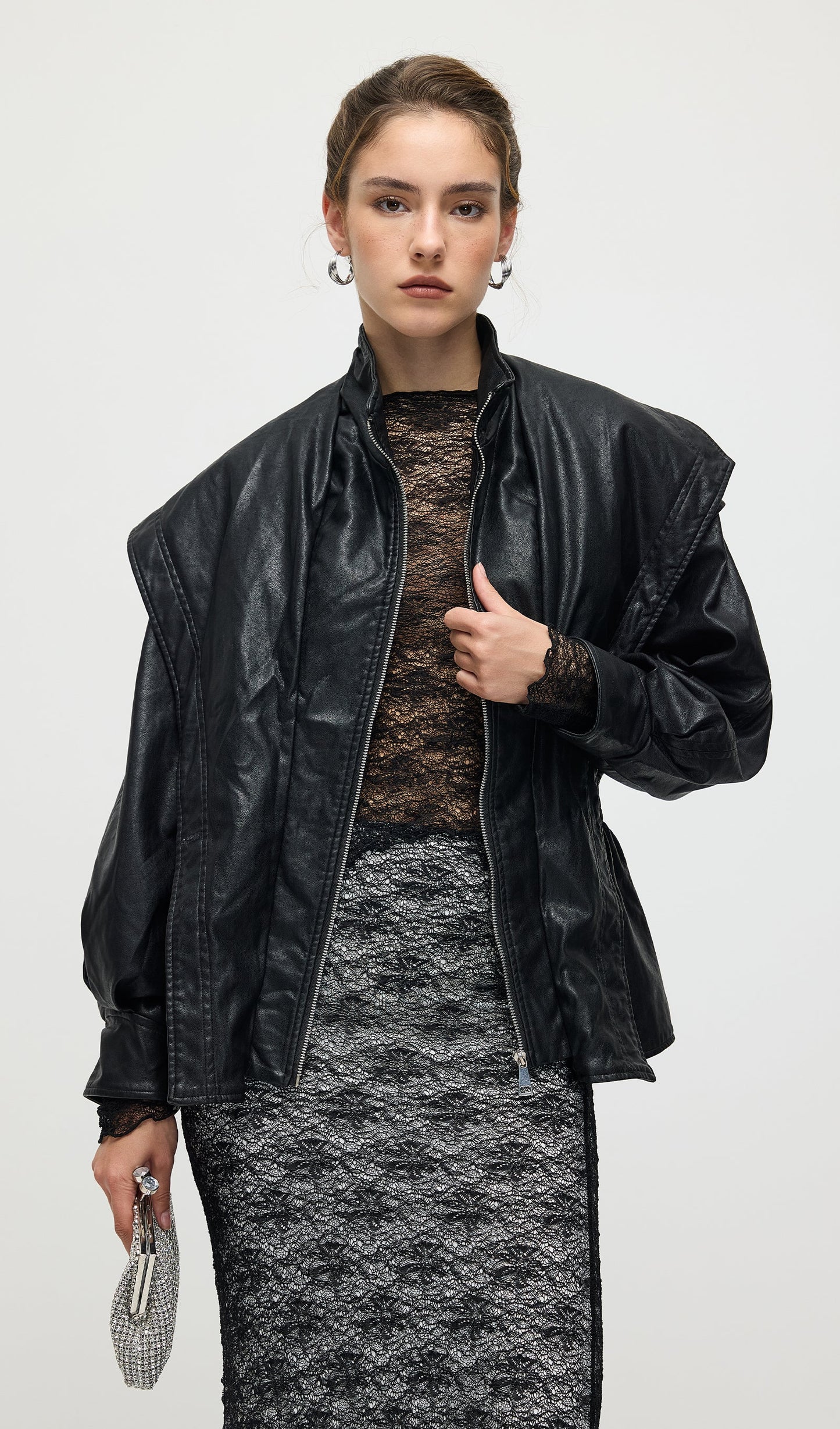Waisted Lapel Leather Jacket In Black