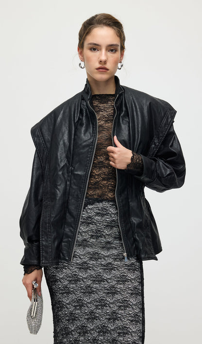 Waisted Lapel Leather Jacket In Black