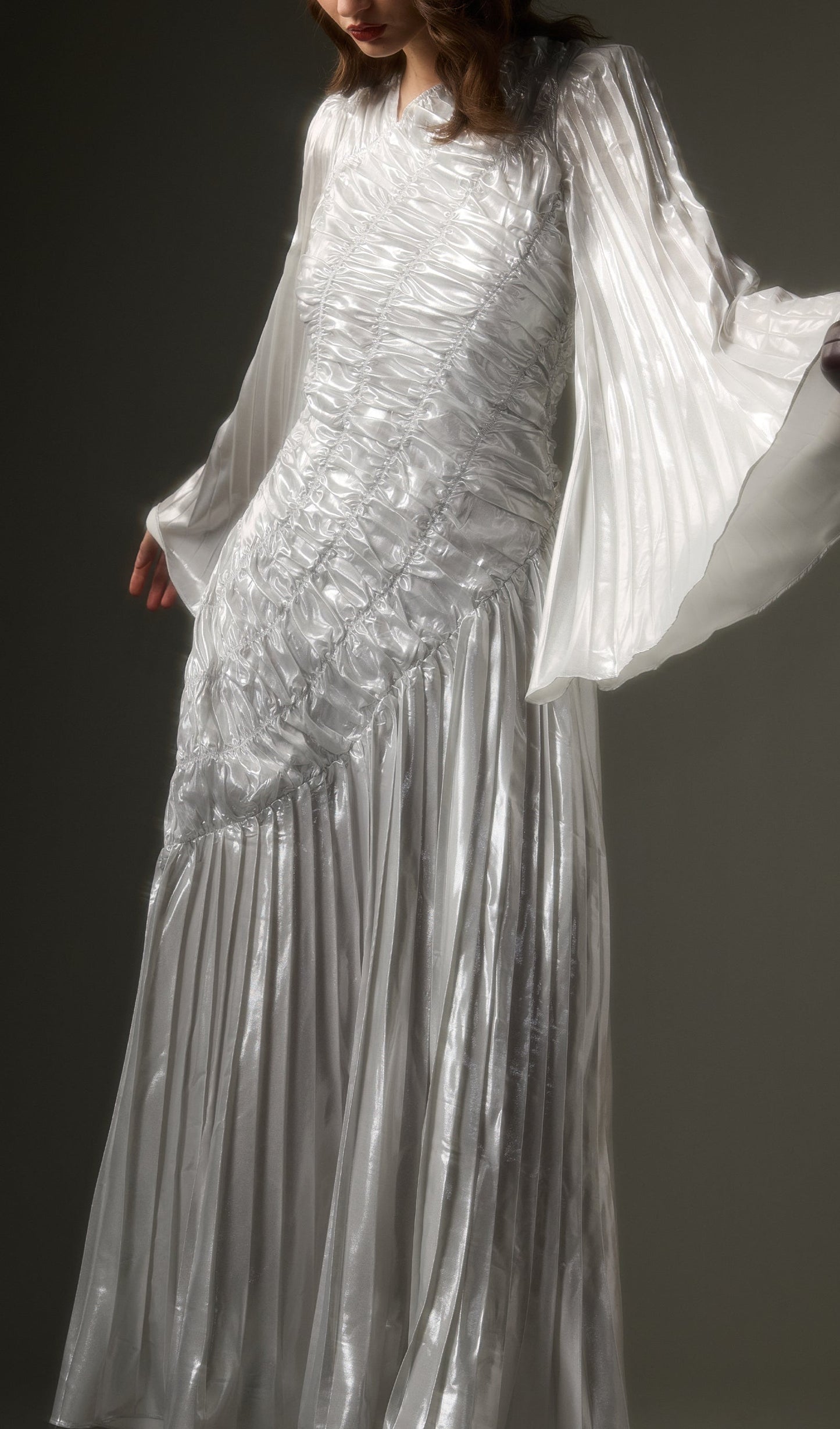 Metallic Long Sleeve Maxi Dress In Silver