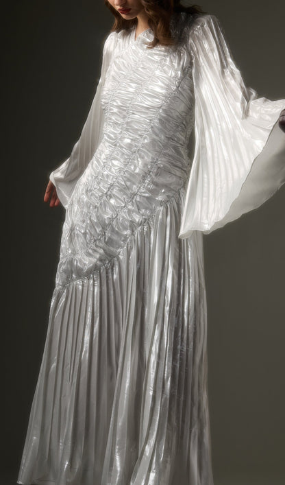 Metallic Long Sleeve Maxi Dress In Silver