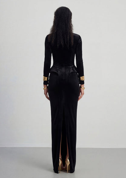 Velvet Shaped Neckline Slit Maxi Dress