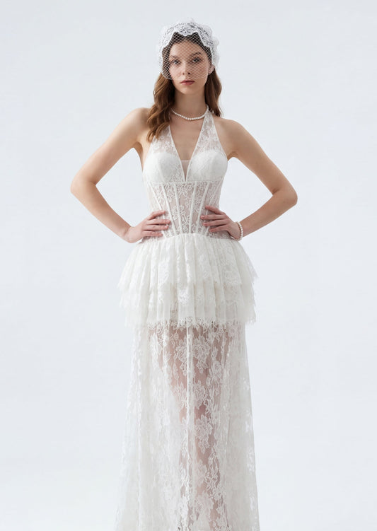 Odile Lace Peplum Maxi Dress In White