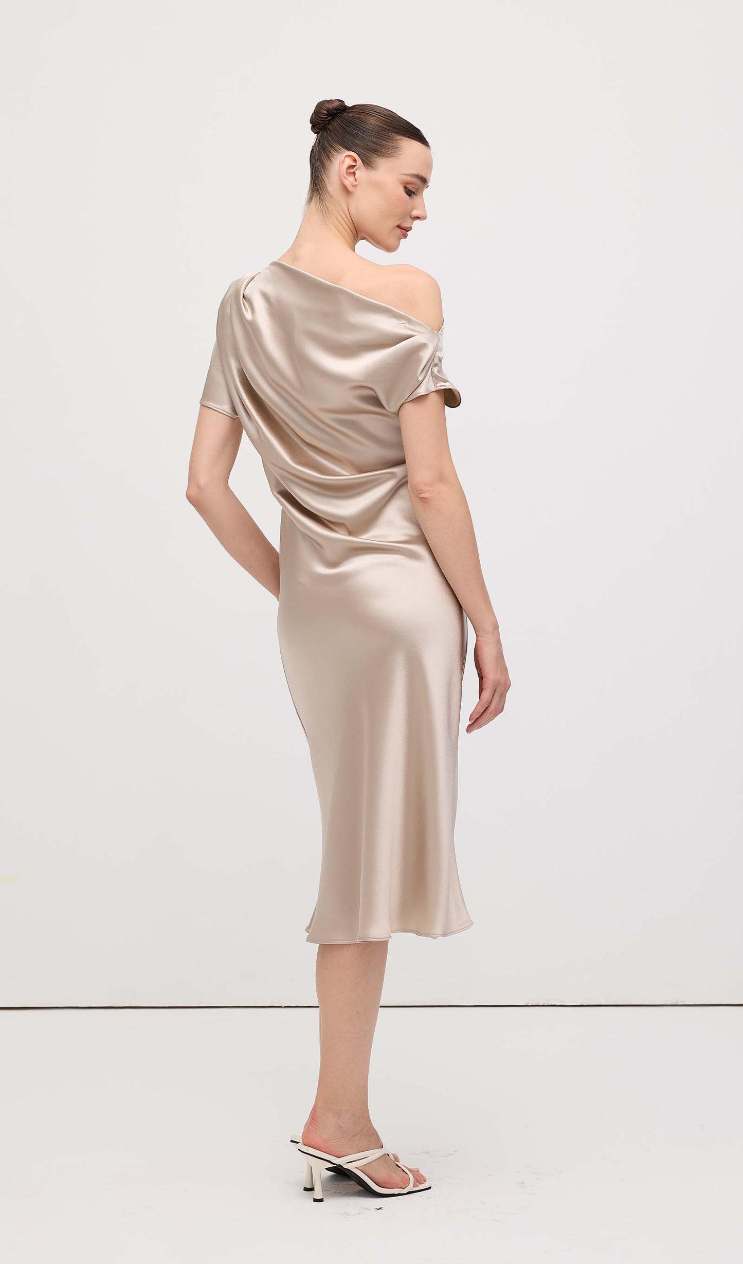 Asymmetric Satin Draped Midi Dress
