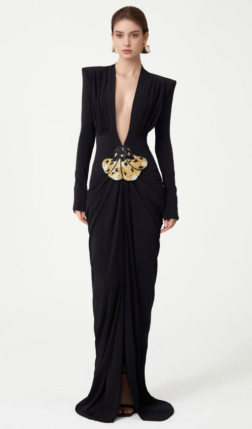 V-Neck Draped And Embroidery Evening Dress