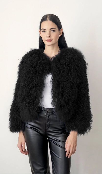 Short Shearling Jacket Coat-Black