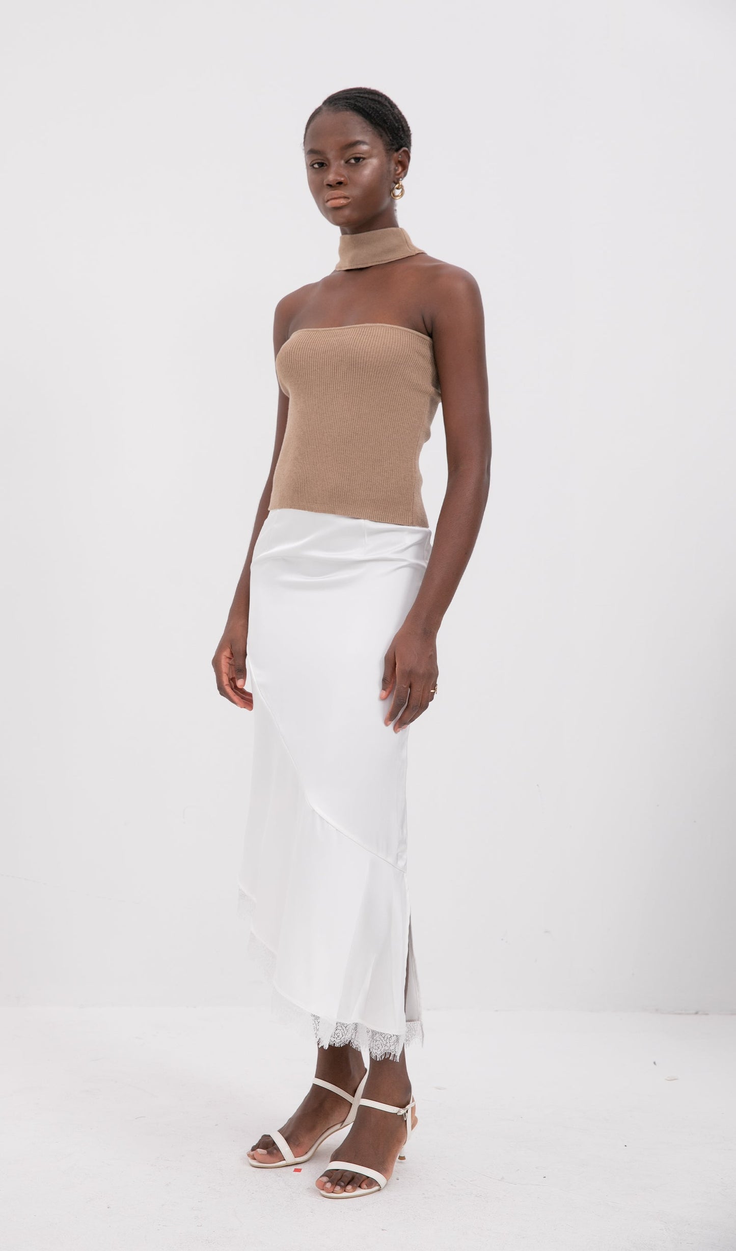 Trendy Satin Lace-Trim Midi Skirt-White