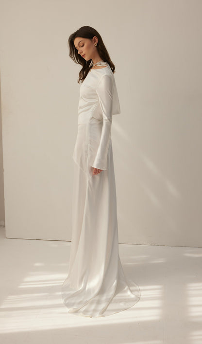 White Satin Long Sleeved Slim Evening Dress