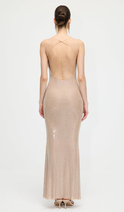 Hot Fix Maxi Dress With Mesh Back In Nude