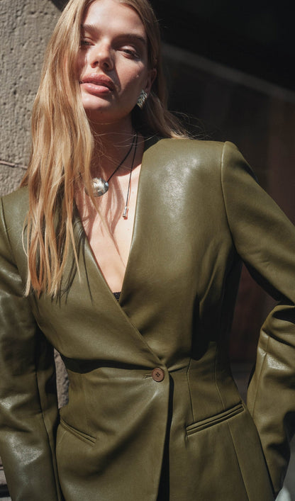 Vegan Leather Blazer In Khaki Green