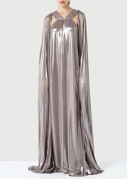 Noor Elegance Metallic Pleated V-Neck Maxi Dress