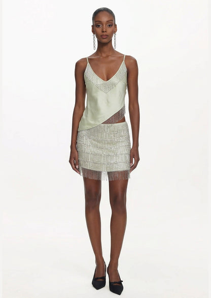 Marcia Beaded Top & Mini Skirt Set In Seafoam