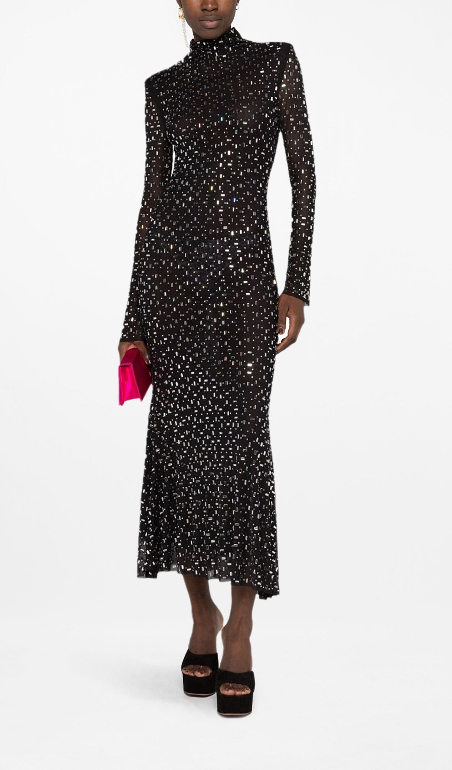 Rhinestone-Embellished Mesh Midi Dress