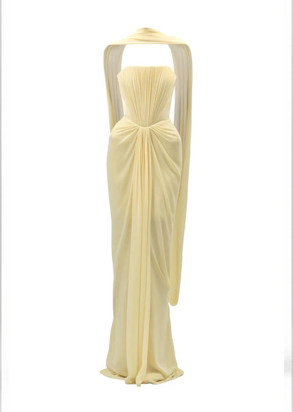 Maison Chiffon Maxi Dress With Cape In Yellow