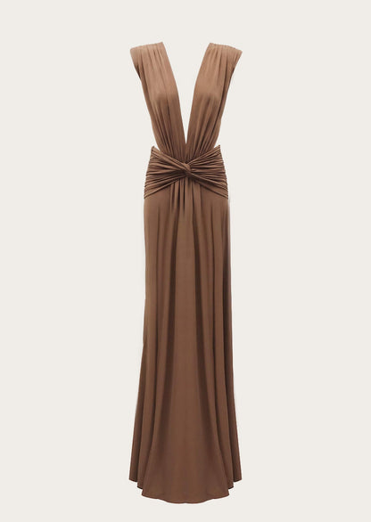 V-Neckline Open Back Maxi Dress With Daped Details