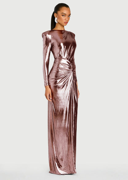 Metallic Slit Maxi Dress In Rose Gold