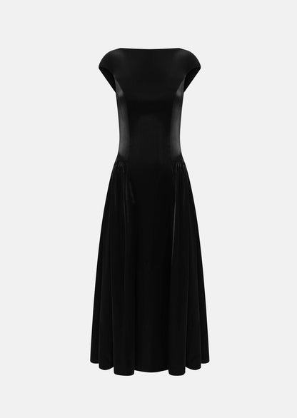 Shiny Midi Dress With Gathered Skirt