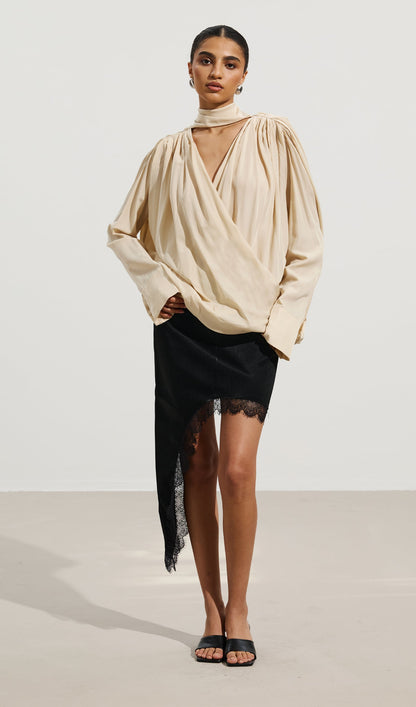 Pleated V-Neck Top & Asymmetrical Lace Skirt Set