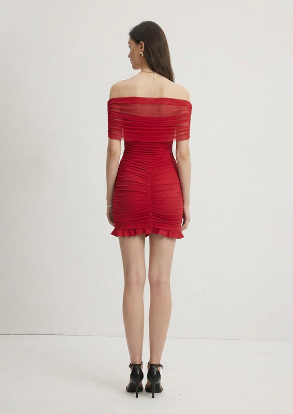 Slinky And Mesh Off Shoulder Mini Dress In Ruby
