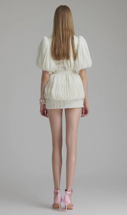 V Neck 3D Floral Pleated Mini Dress
