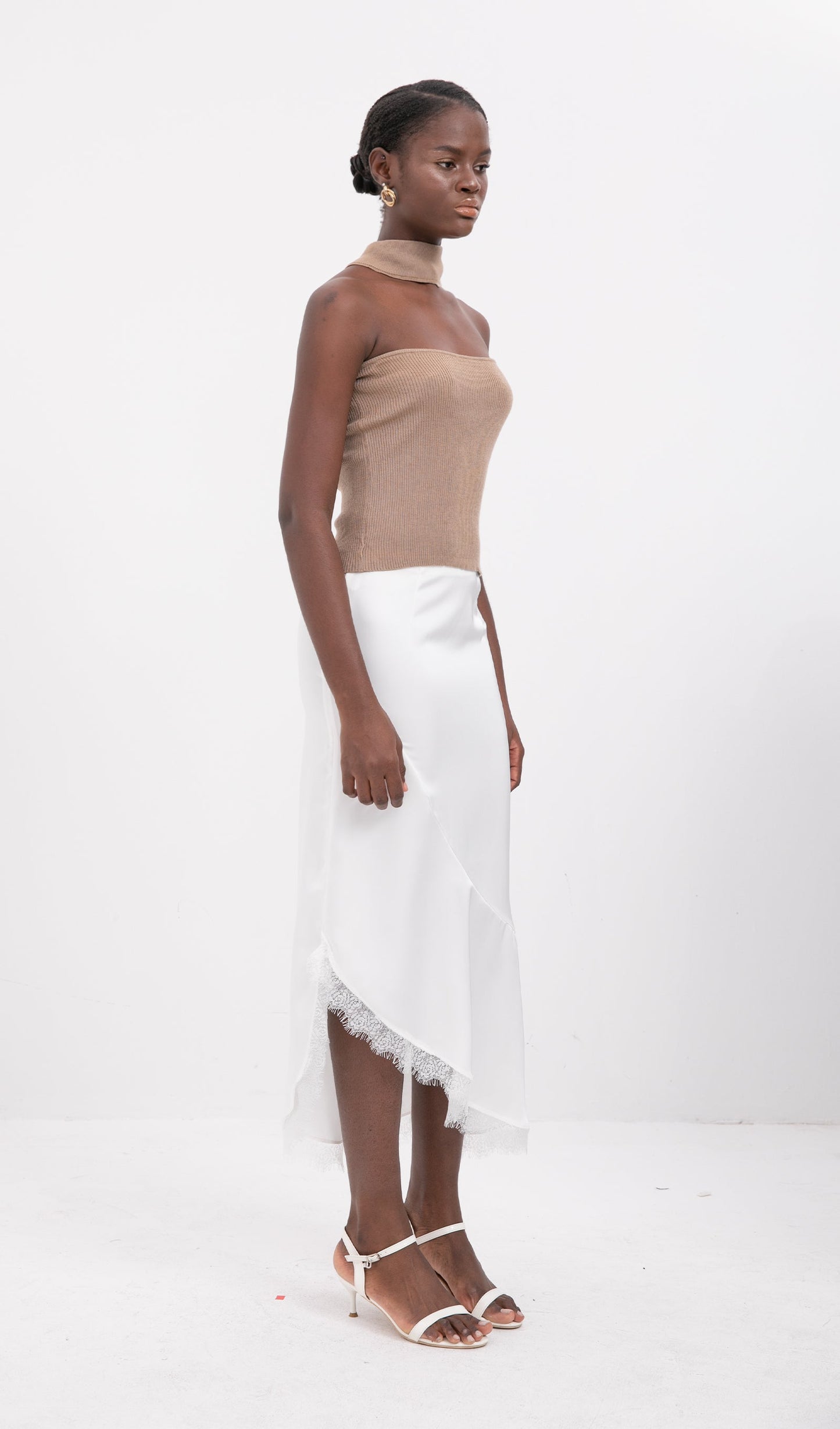 Trendy Satin Lace-Trim Midi Skirt-White
