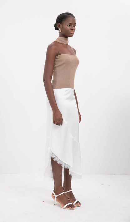 Trendy Satin Lace-Trim Midi Skirt-White