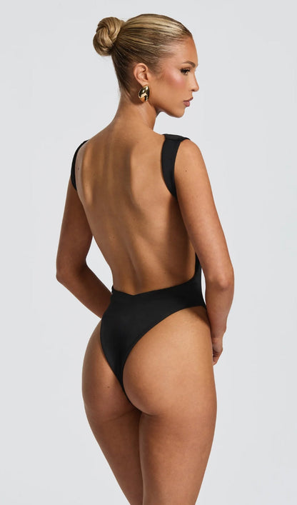 Open Back Bodysuit & Maxi Skirt Set In Black