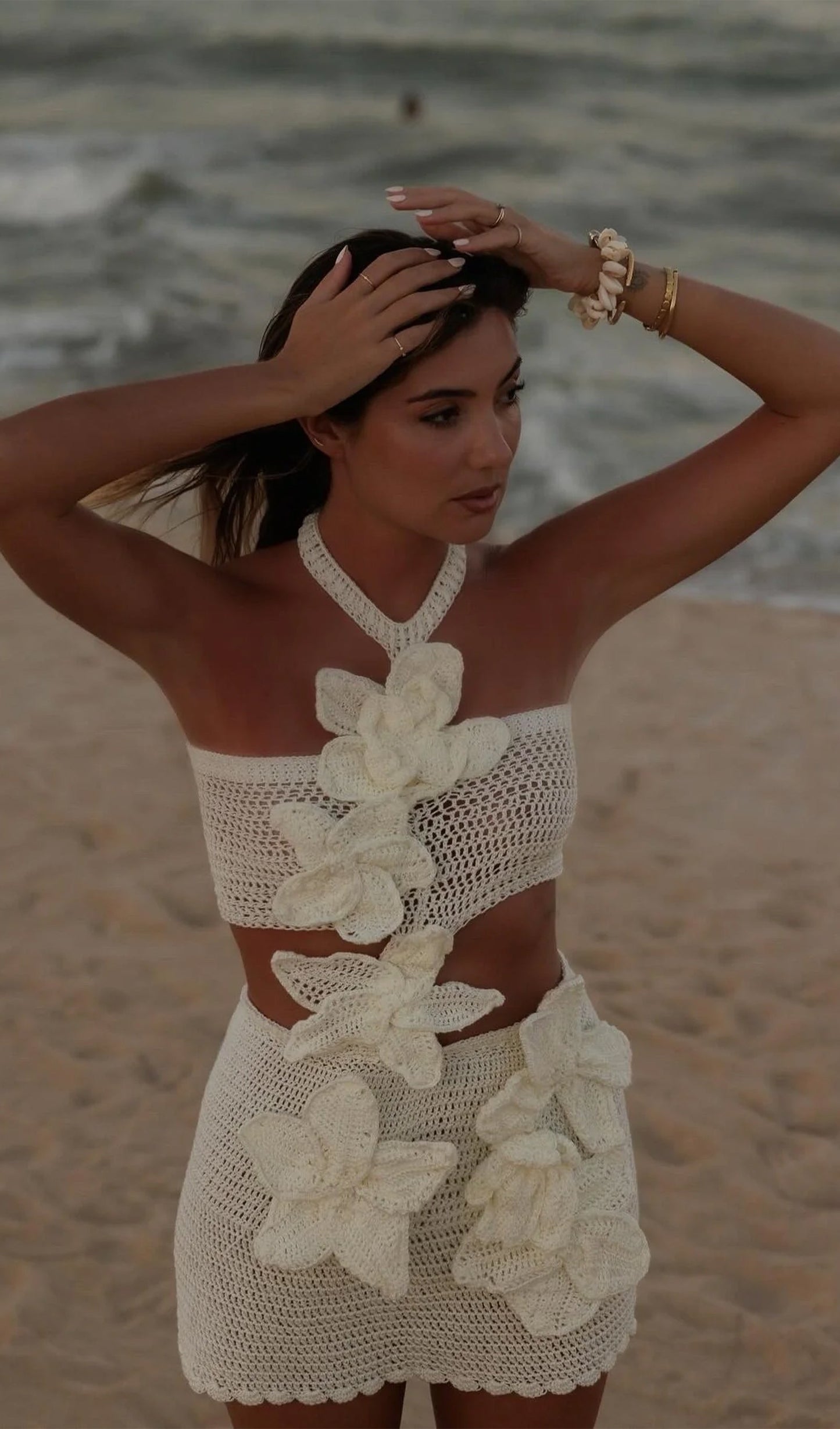 Knitted Flowers Hollow Out Mini Dress In White/Black