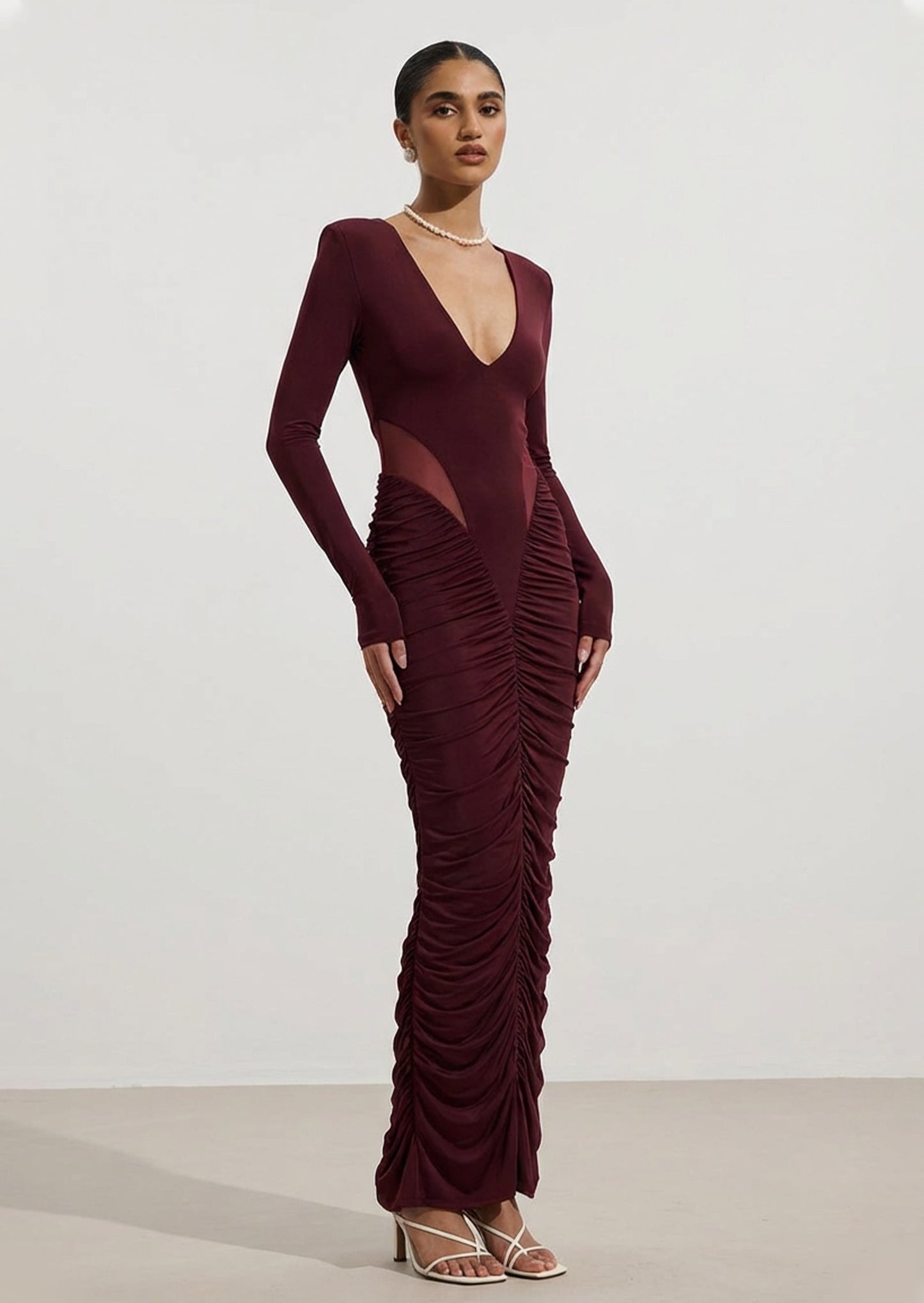 Slinky Long Sleeve Maxi Dress In Burgundy