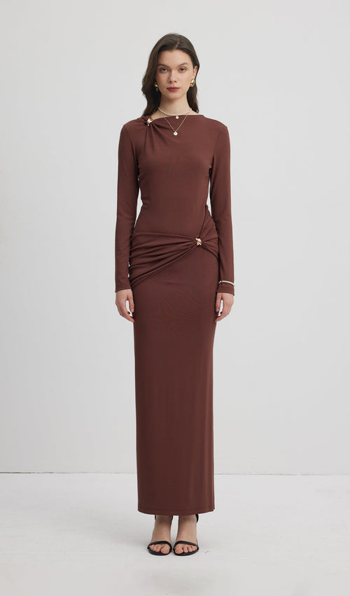 Jersey Seductive Fitted Maxi Dress-Brown