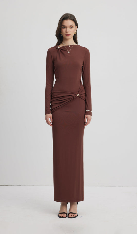 Jersey Seductive Fitted Maxi Dress-Brown