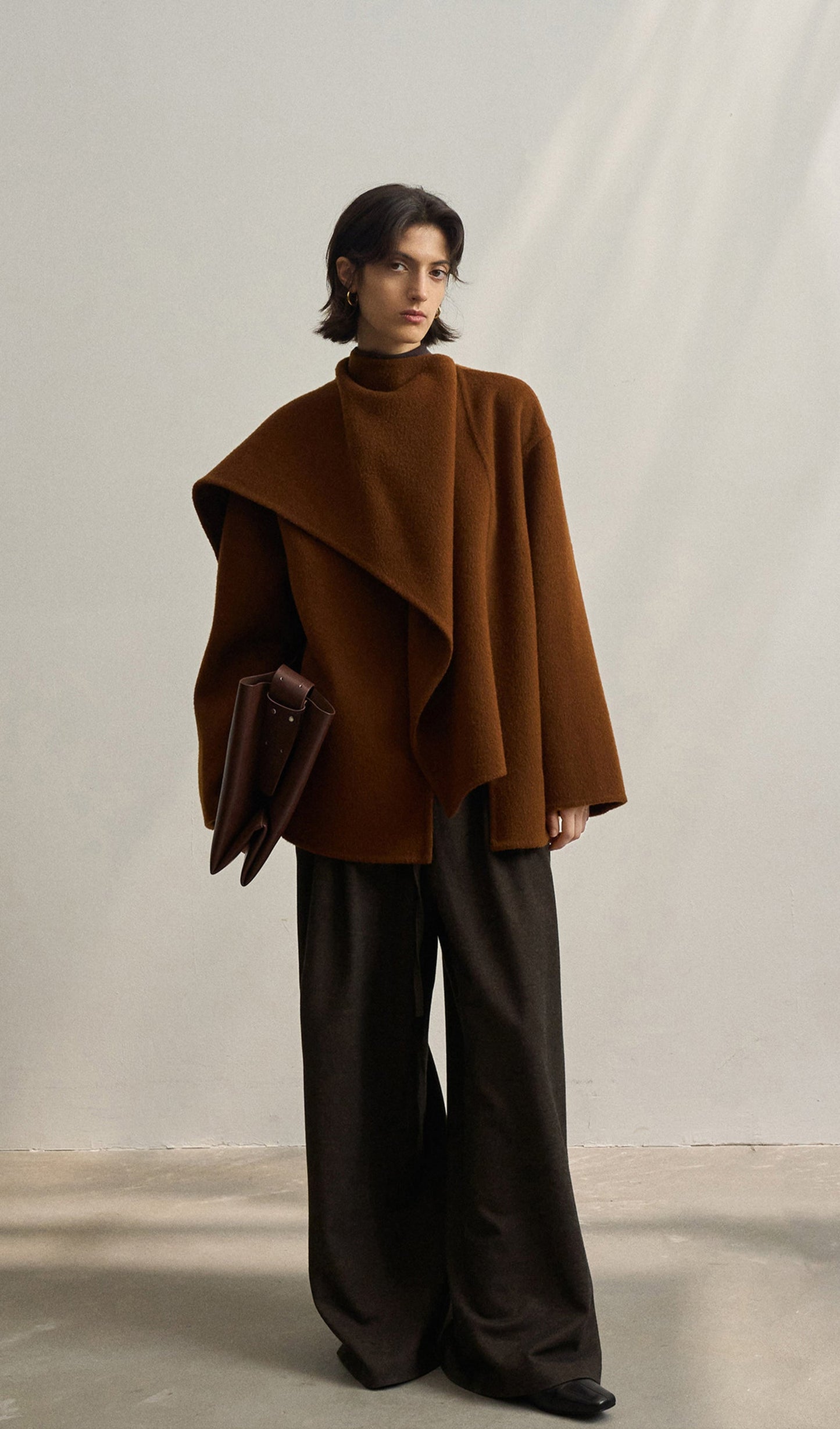 Solid Cape Style Coat-Chestnut