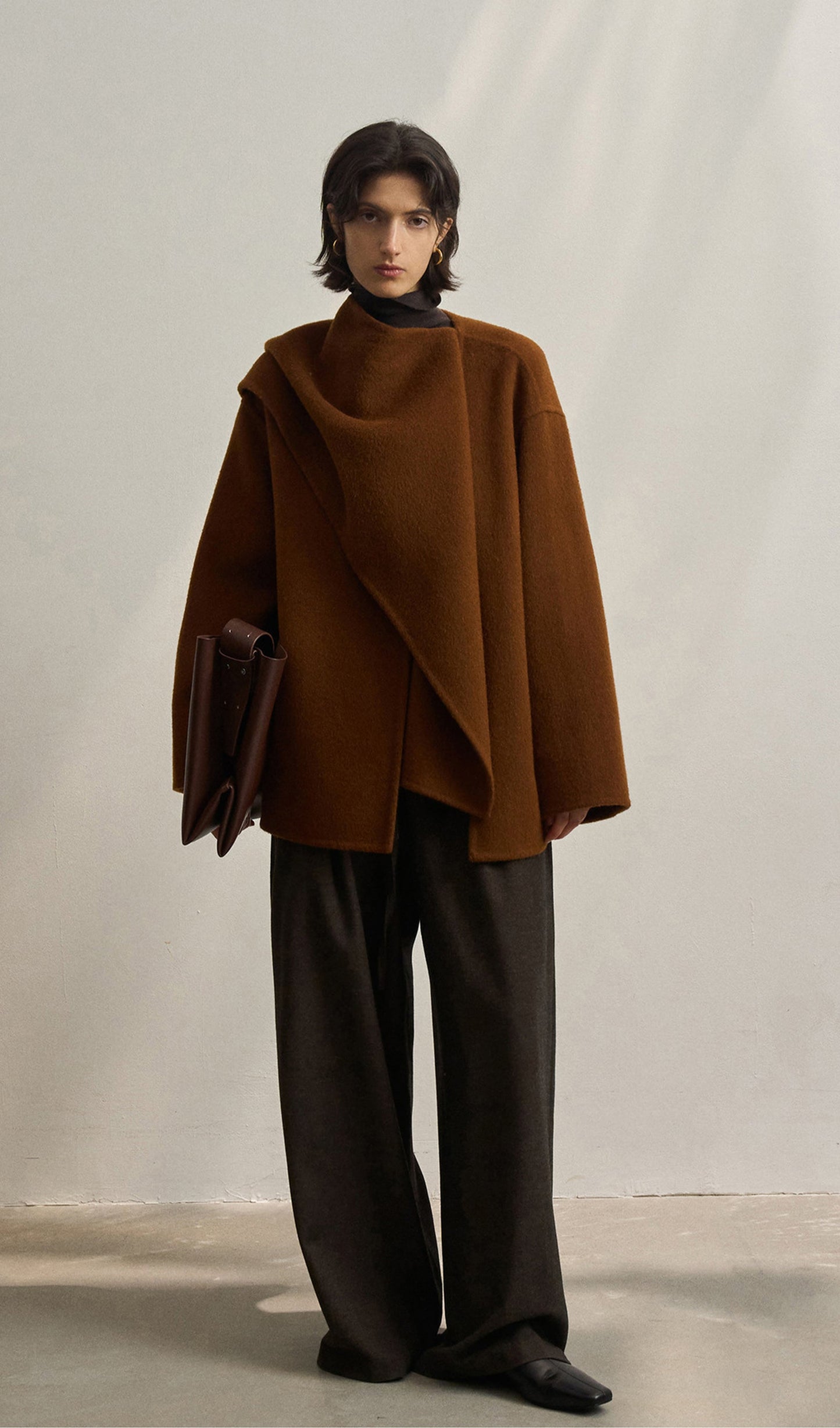 Solid Cape Style Coat-Chestnut