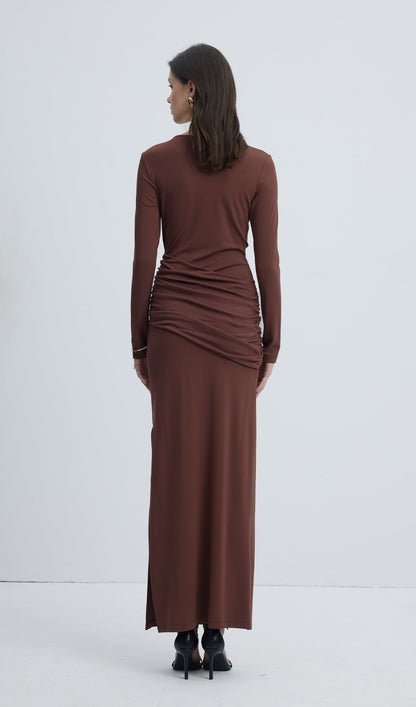 Jersey Seductive Fitted Maxi Dress-Brown