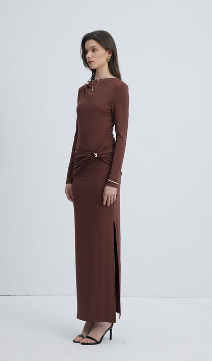 Jersey Seductive Fitted Maxi Dress-Brown